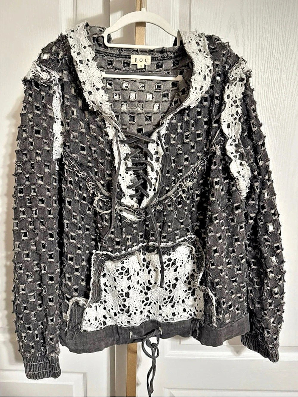 POL Distressed Lace-Up Hoodie in Black & White